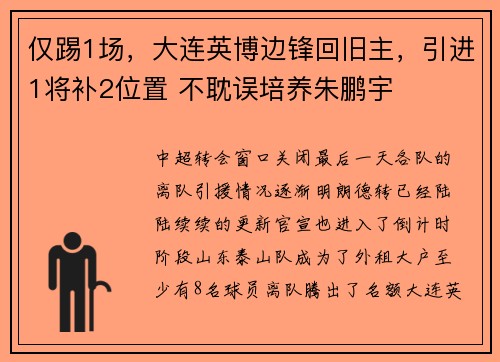 仅踢1场，大连英博边锋回旧主，引进1将补2位置 不耽误培养朱鹏宇